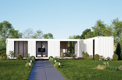 Modern house made from shipping containers with a garden and trees in the background