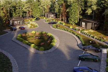 Modern container housing with a circular driveway and landscaped area surrounded by trees