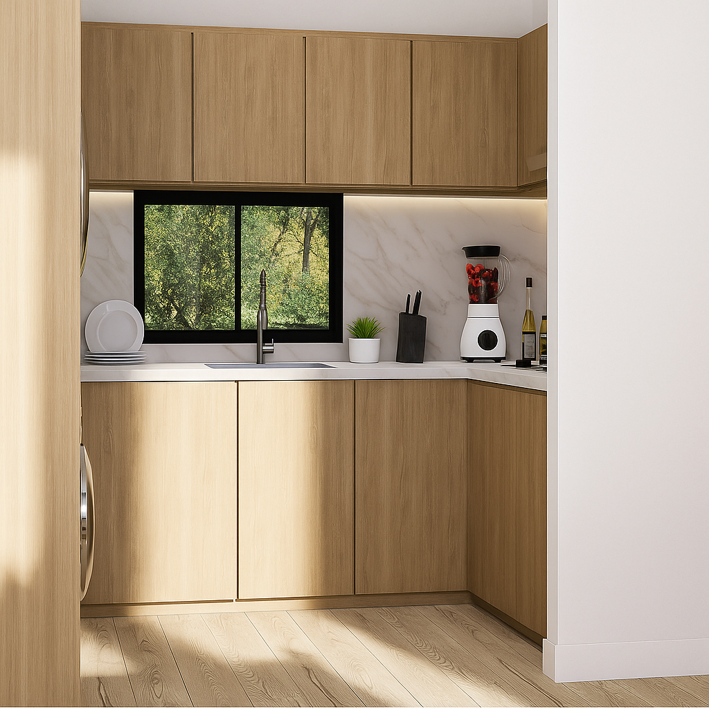 Modern kitchen with wooden cabinets and a window view