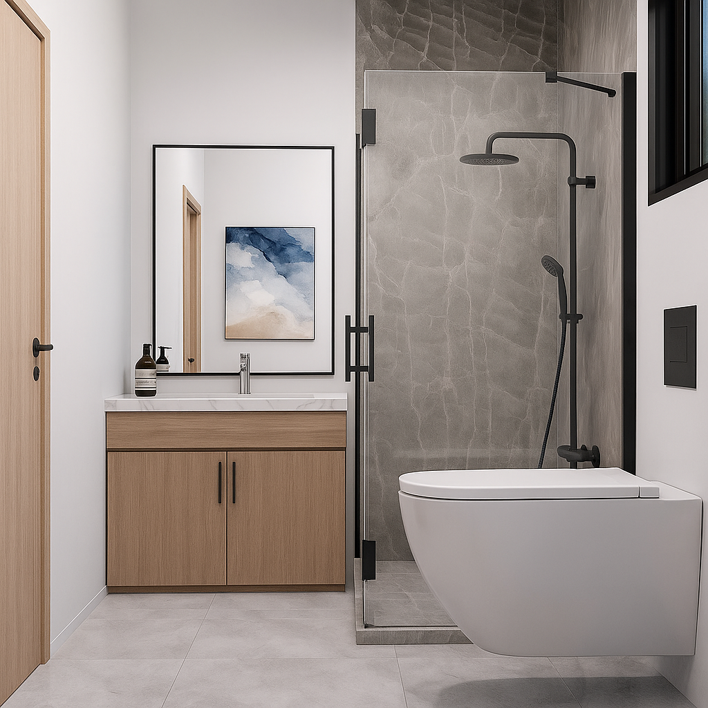 Modern bathroom with shower enclosure, sink, and wooden cabinet.