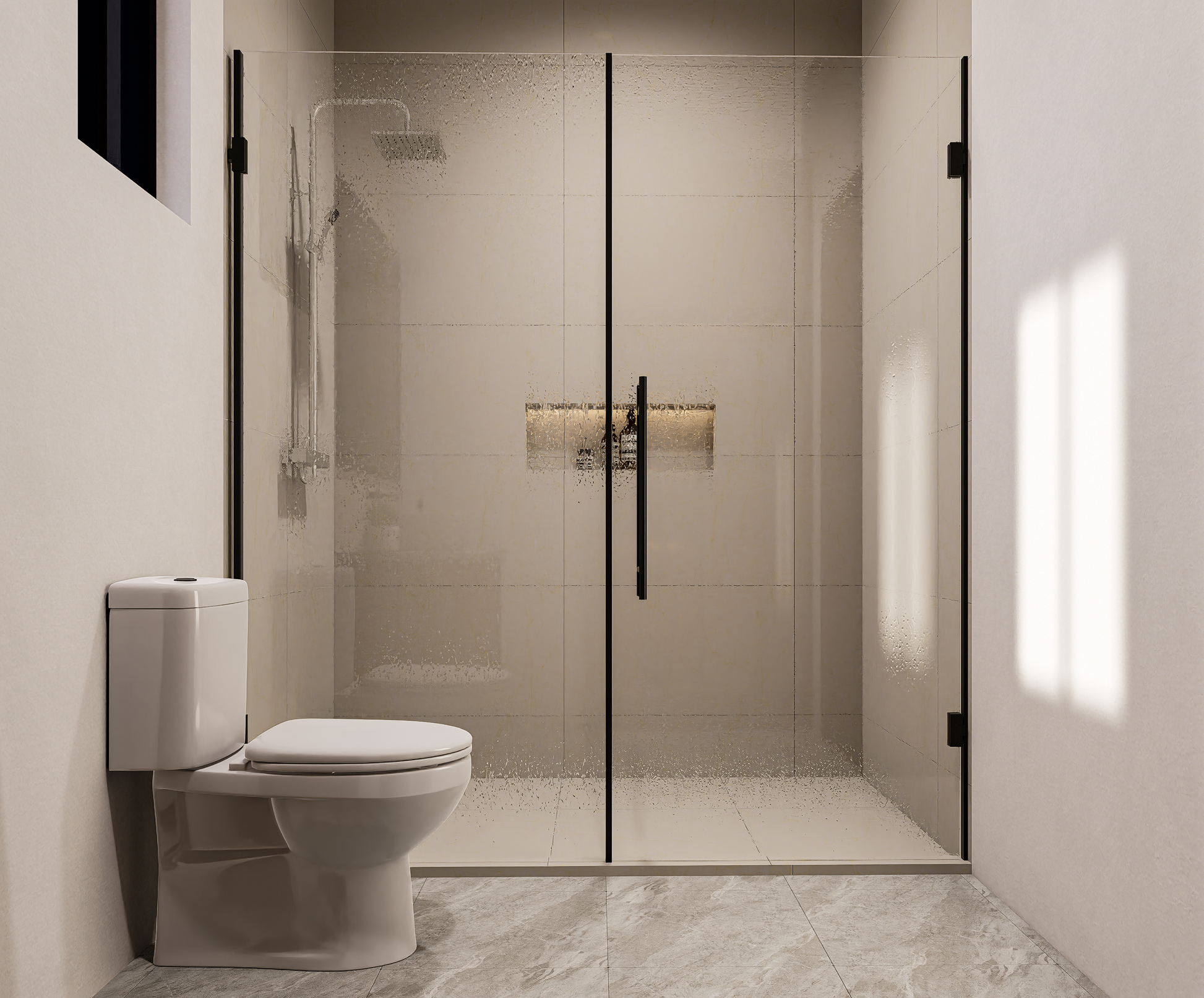 Modern bathroom with a toilet and shower enclosure.