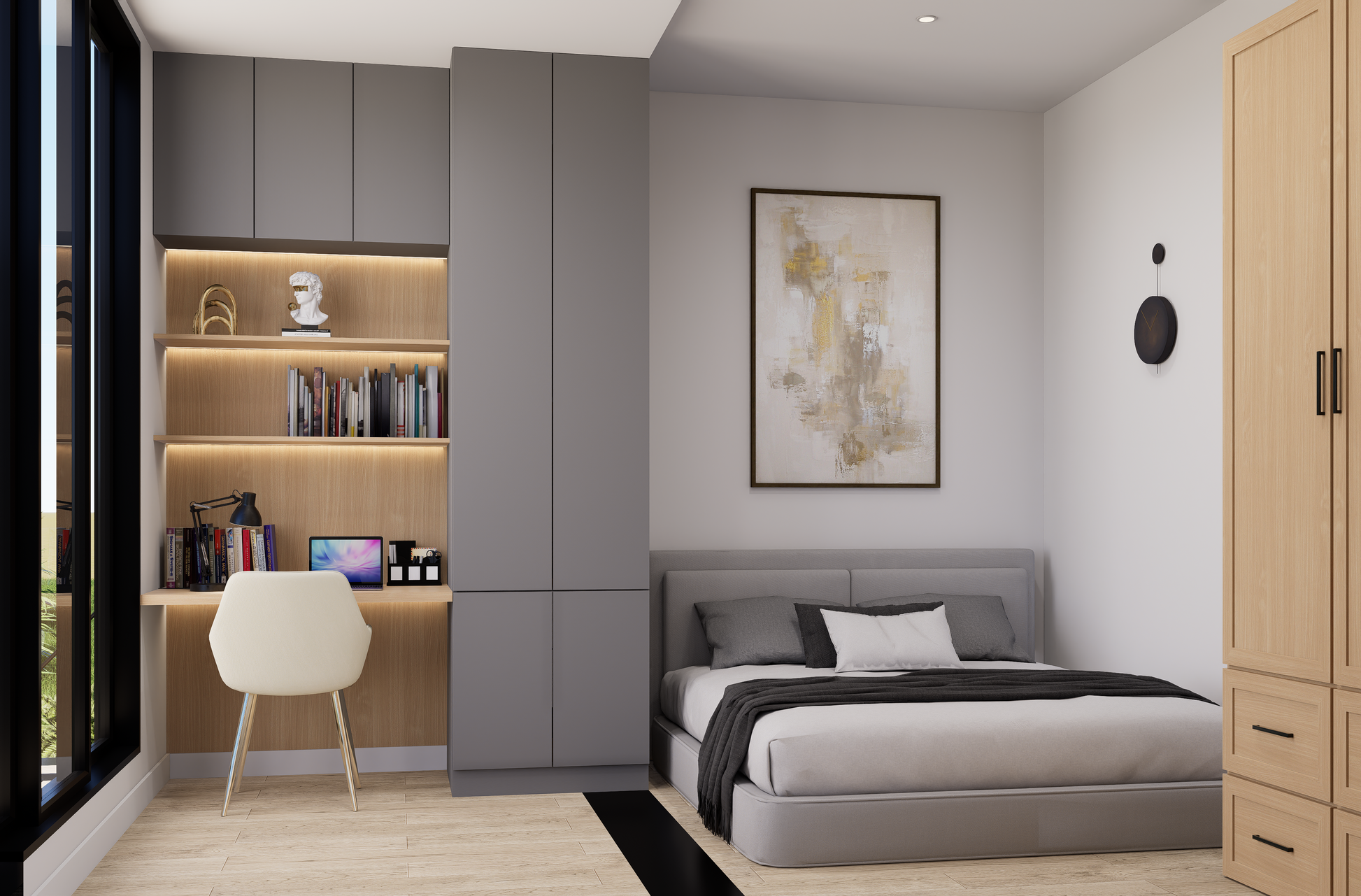 Modern bedroom with gray bed, wardrobe, and bookshelf.