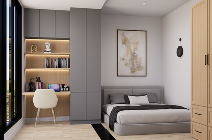 Modern bedroom with gray bed, wardrobe, and bookshelf.