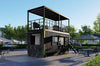Container modular building with outdoor furniture on a sunny day