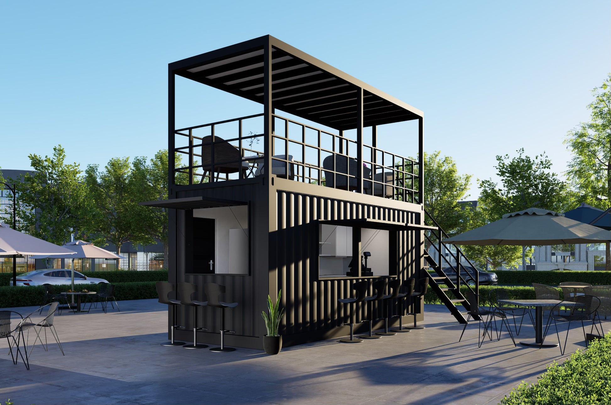 Container modular building with outdoor furniture on a sunny day