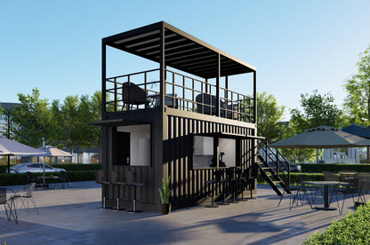 Container modular building with outdoor furniture on a sunny day