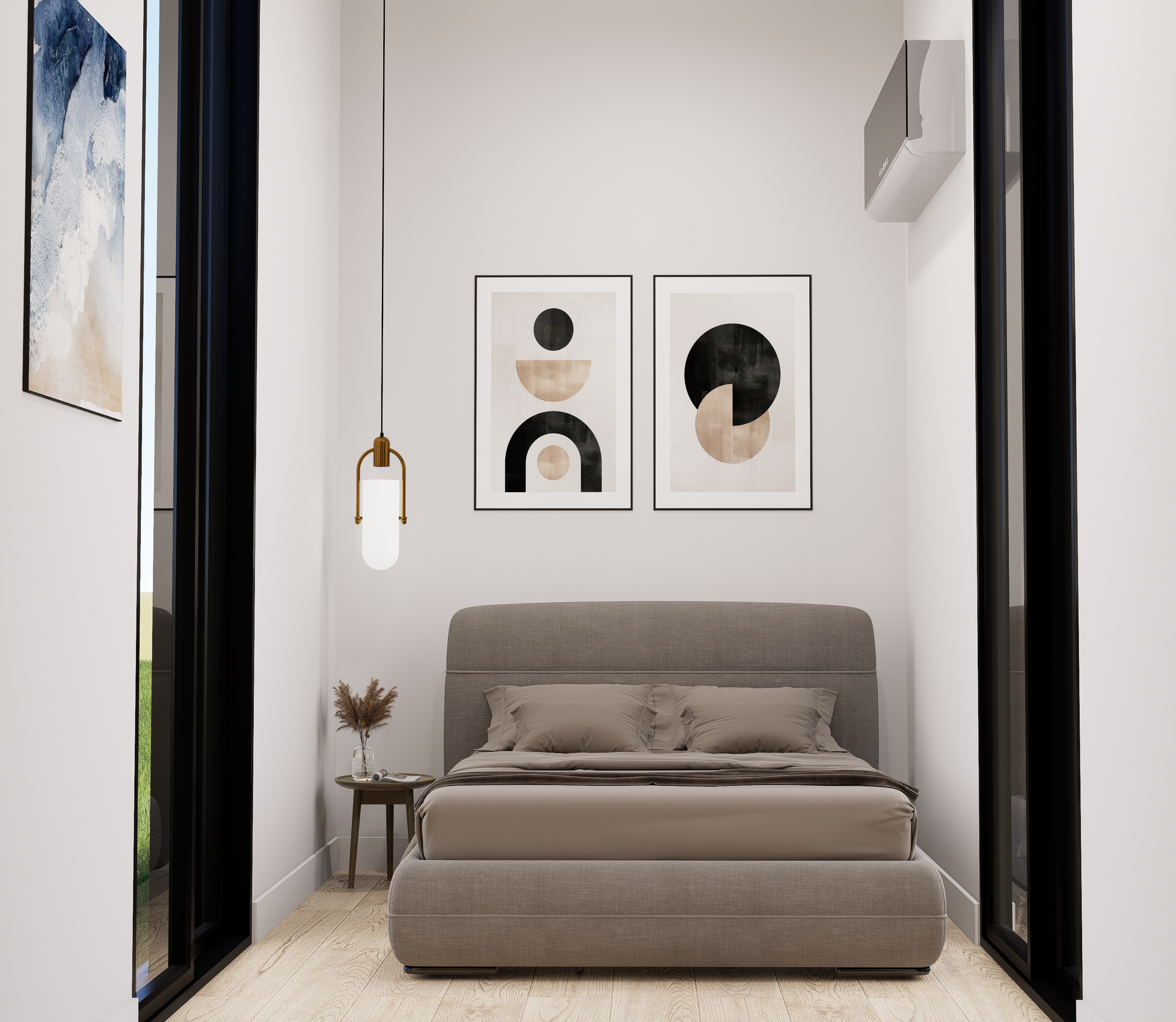 Modern bedroom with gray bed, abstract wall art, and pendant light.