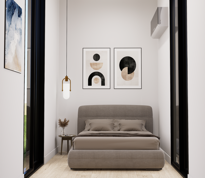 Modern bedroom with gray bed, abstract wall art, and pendant light.