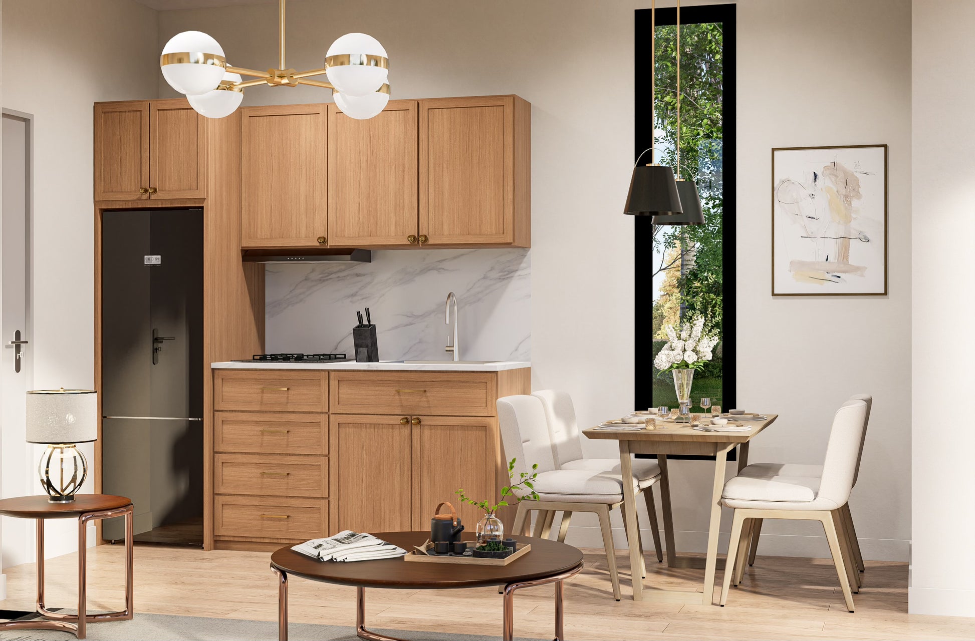 Modern kitchen with wooden cabinets, dining table, and chairs.