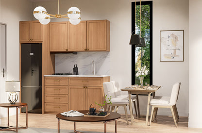 Modern kitchen with wooden cabinets, dining table, and chairs.