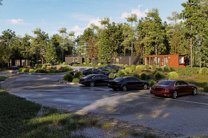 Parking lot with cars in front of a modern building surrounded by trees