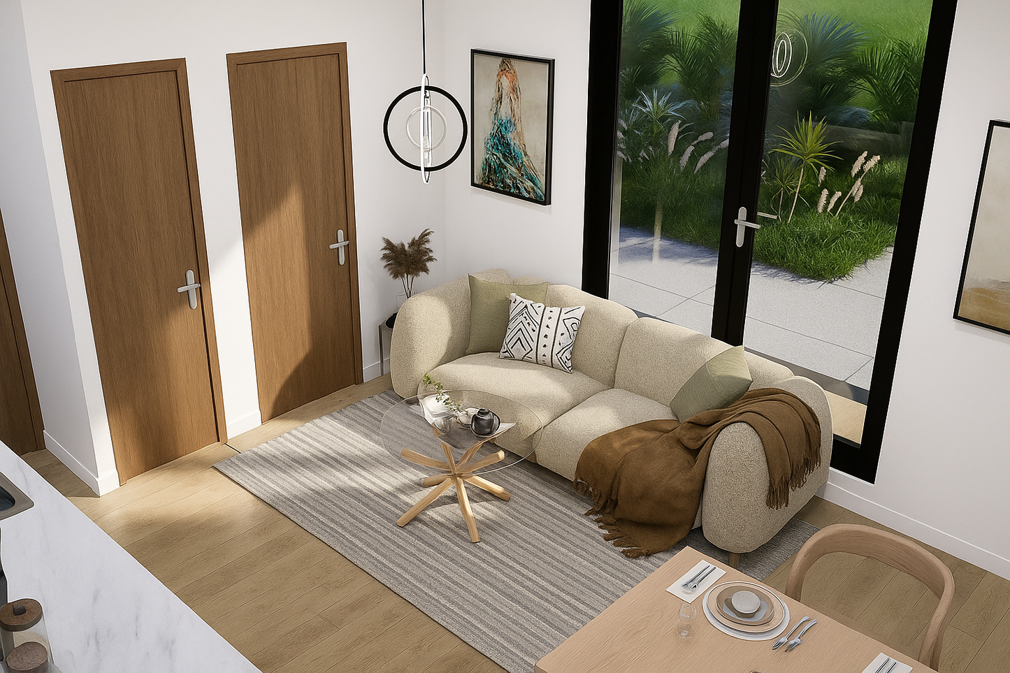 Modern living room with a beige sofa, coffee table, and rug.