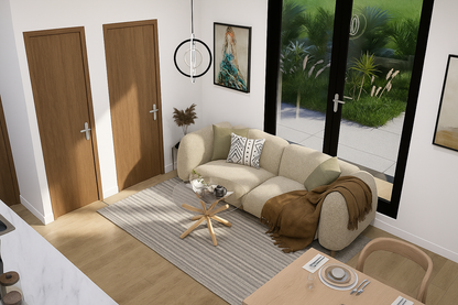 Modern living room with a beige sofa, coffee table, and rug.