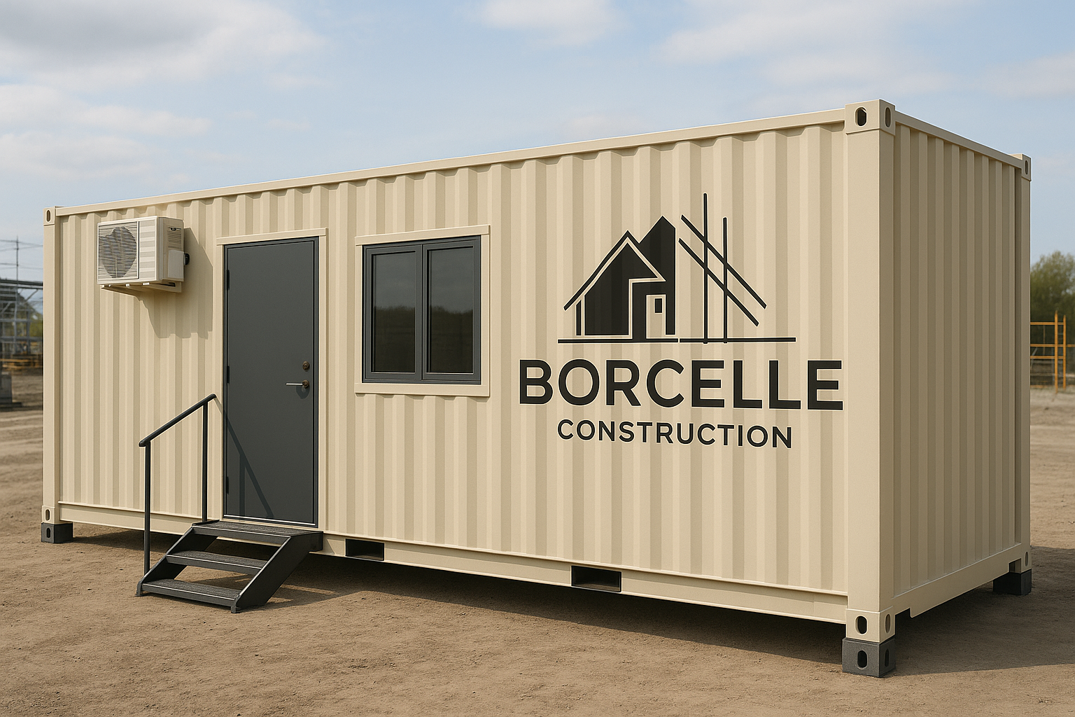 Beige modular building with Borcelle Construction logo on a clear day.