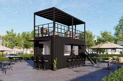 Container modular outdoor building with multiple levels and furniture on a sunny day.