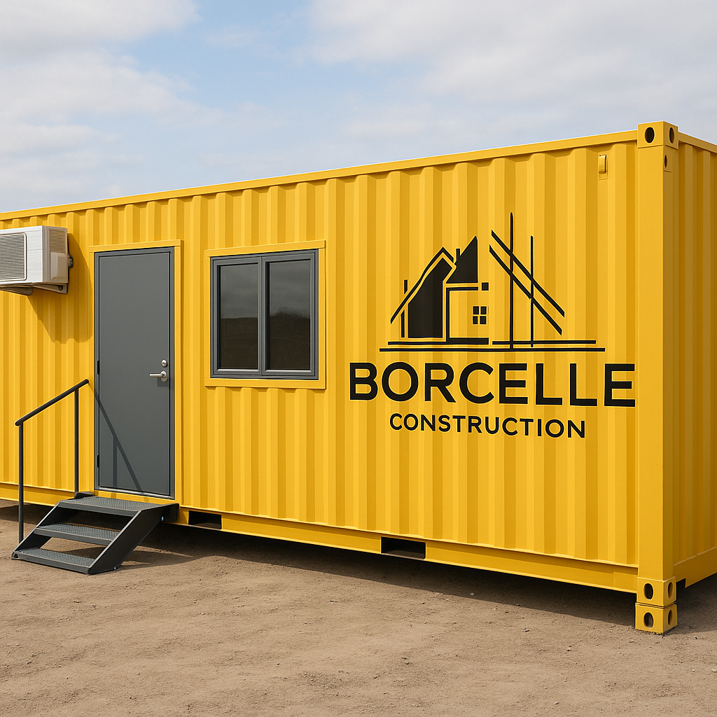 Yellow shipping container home with Borcelle Construction logo on a clear day