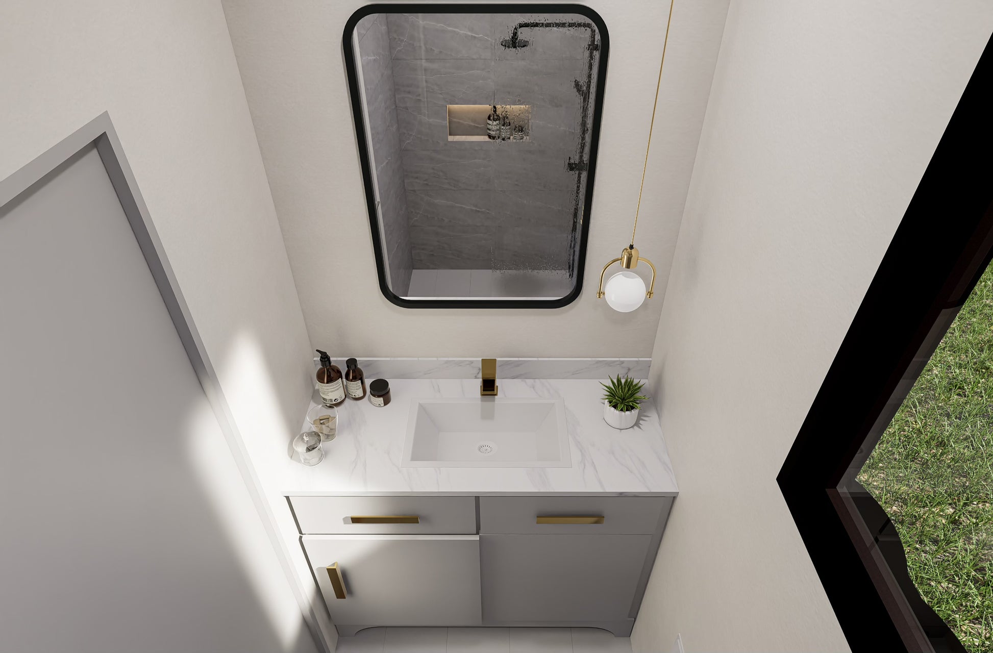 Modern bathroom vanity with sink, mirror, and decorative items.