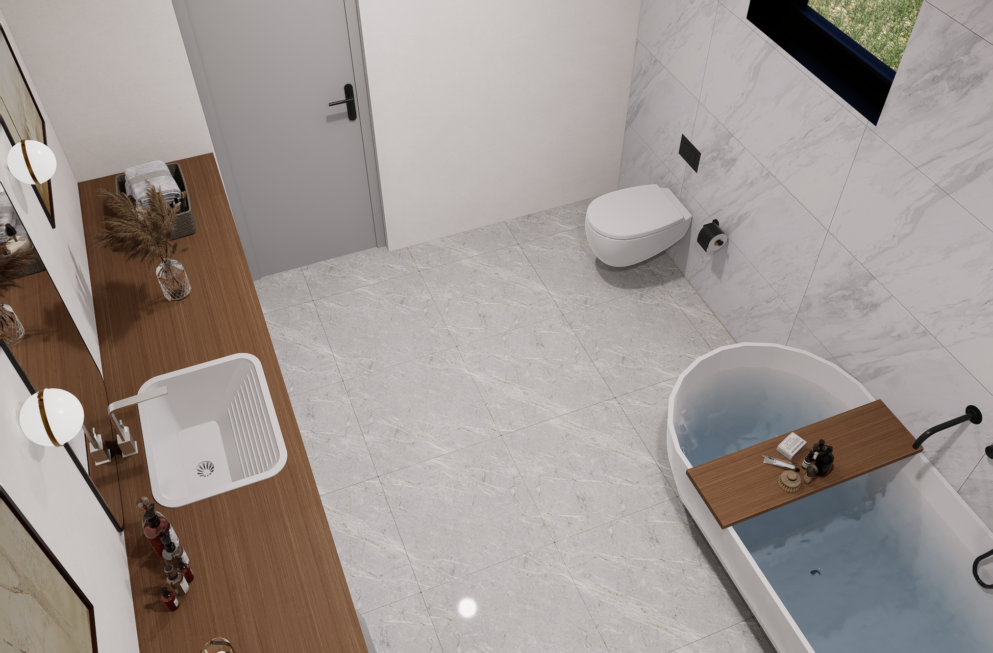 Modern bathroom with a bathtub, toilet, and sink.
