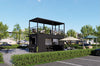 Container-based outdoor structure with seating area in a park-like setting
