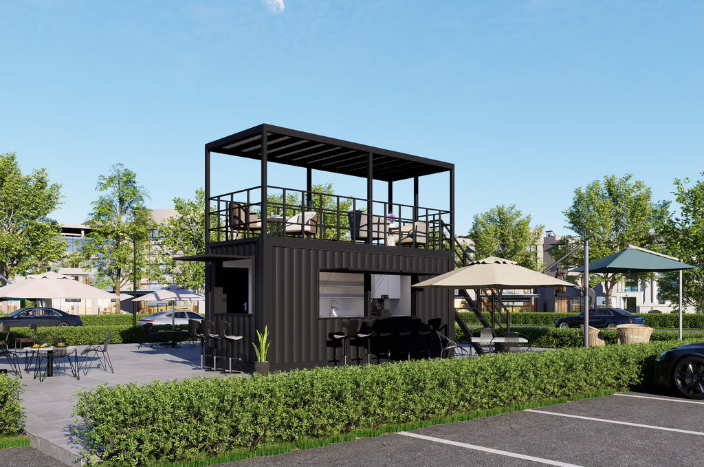 Container-based outdoor structure with seating area in a park-like setting