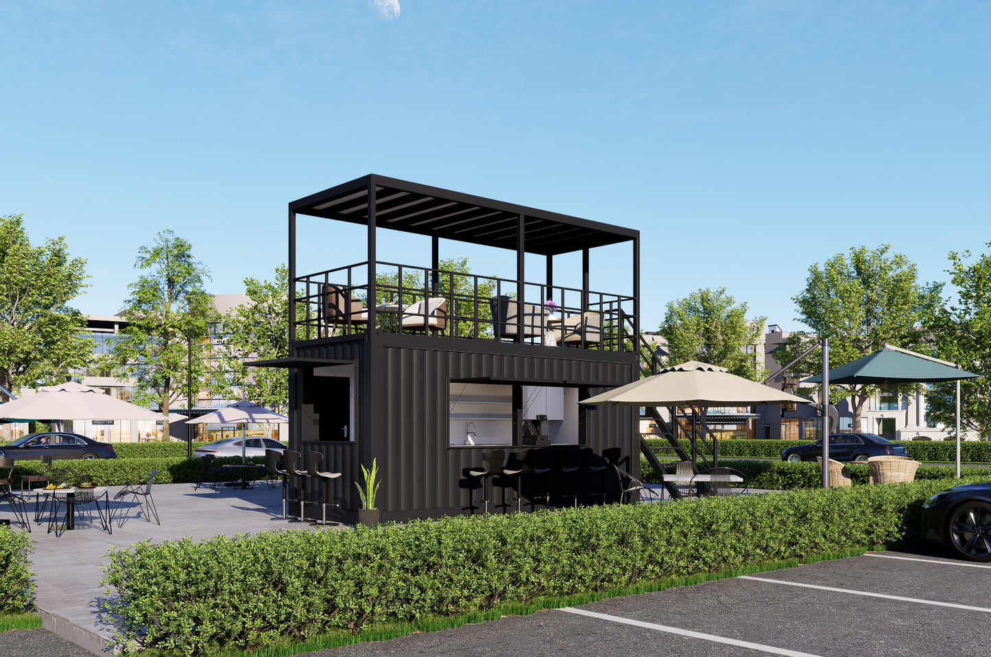 Container-based outdoor structure with seating area in a park-like setting