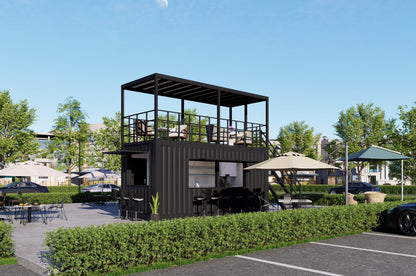 Container-based outdoor structure with seating area in a park-like setting