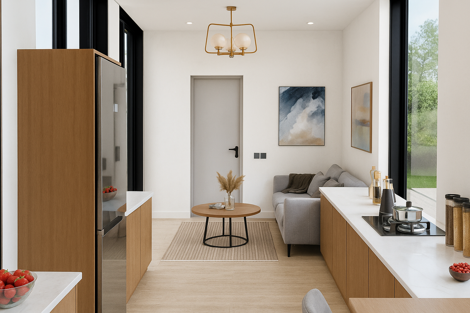 Modern kitchen and living room with wooden cabinets, white countertops, and a gray sofa.