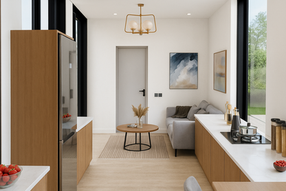 Modern kitchen and living room with wooden cabinets, white countertops, and a gray sofa.