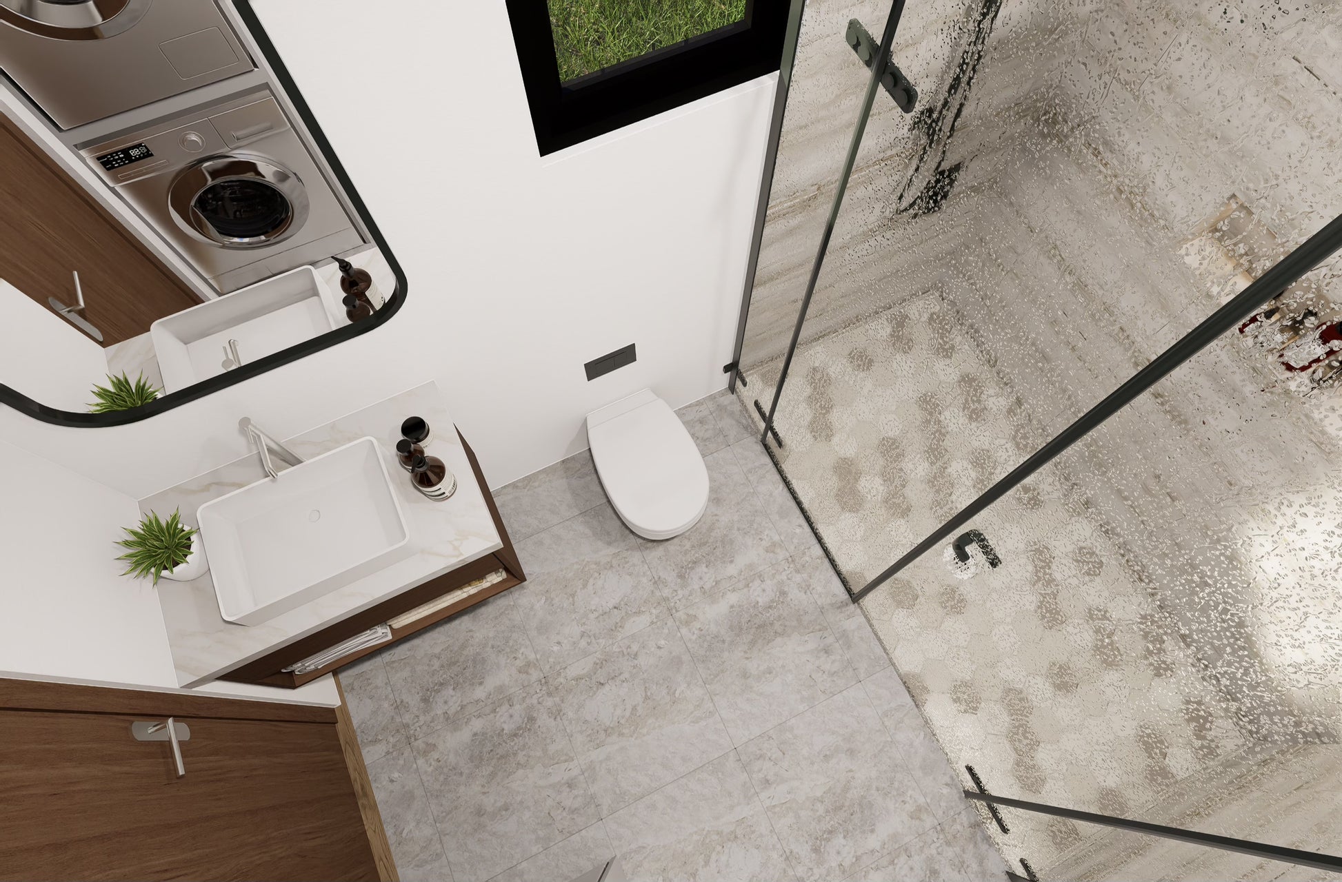 Modern bathroom with shower, sink, and toilet from an aerial view