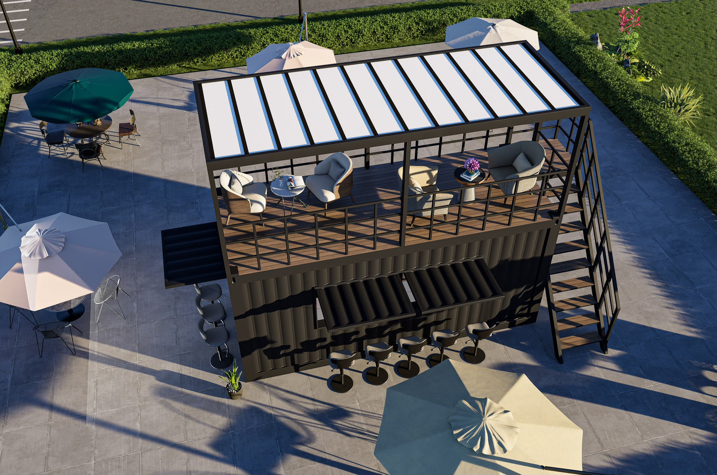 Container-based Outdoor seating area with a metal pergola structure, tables, and chairs.