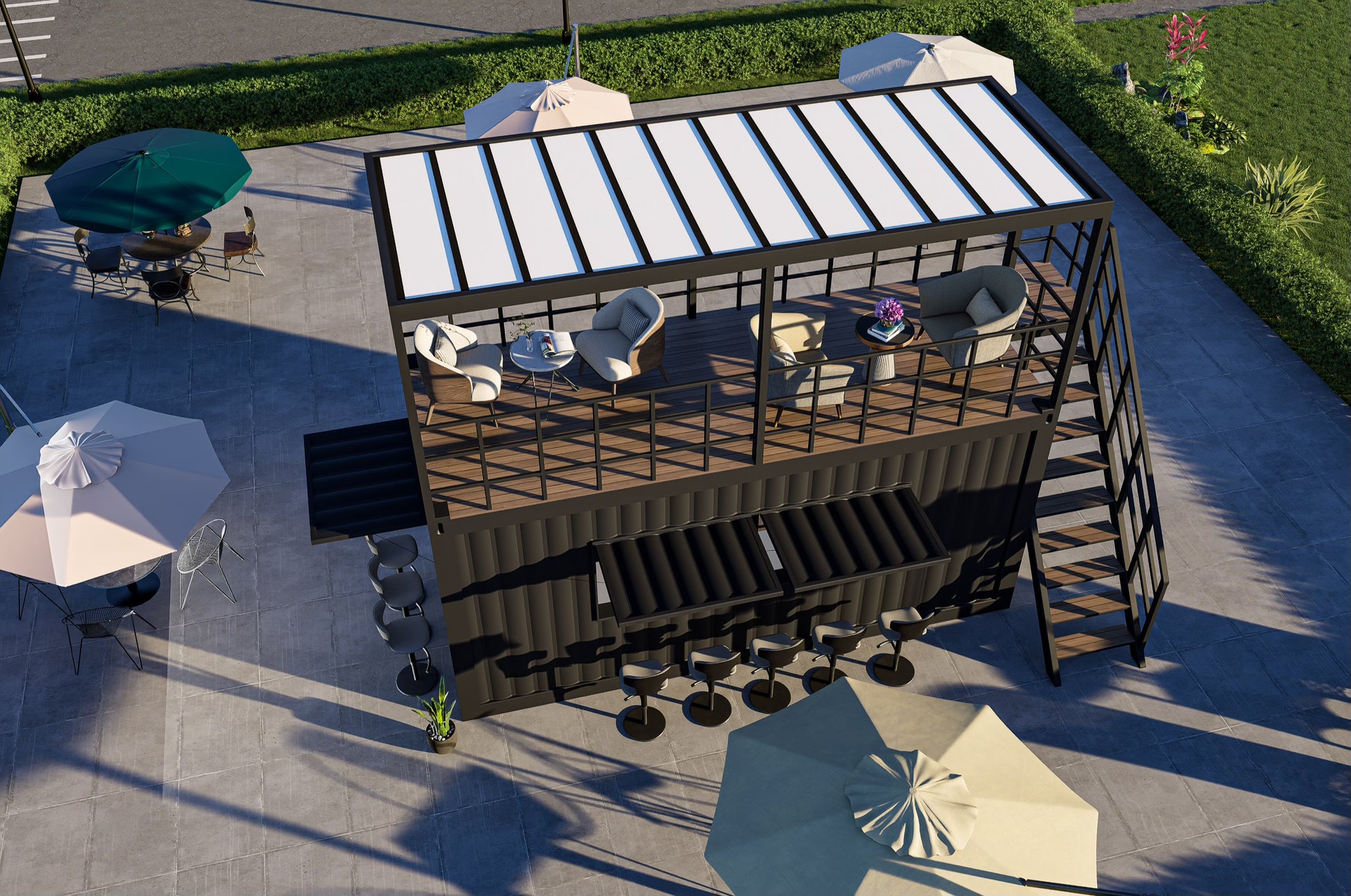 Container-based Outdoor seating area with a metal pergola structure, tables, and chairs.