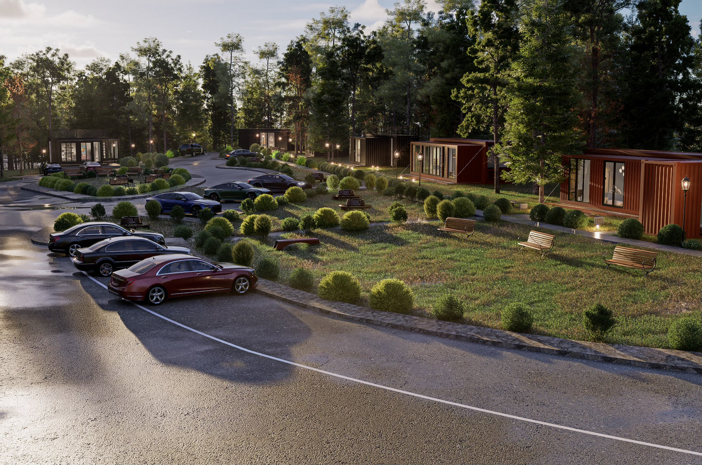 Modern container residential complex with cars parked on a street and greenery.
