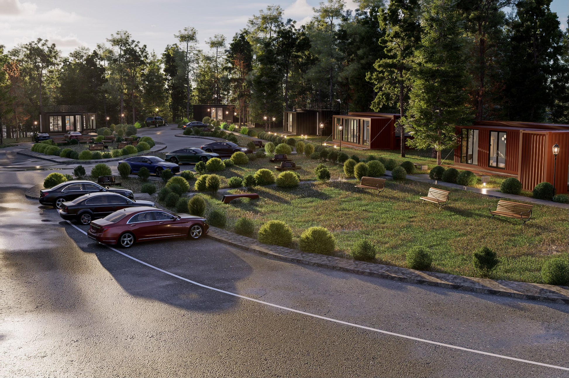 Modern container residential complex with cars parked on a street and greenery.