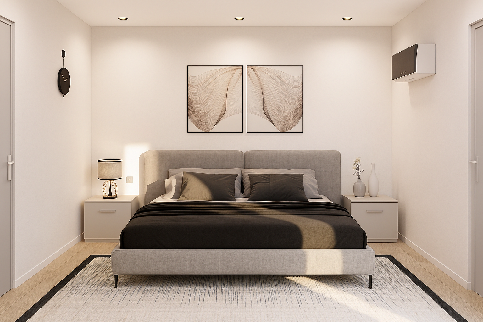 Modern bedroom with a bed, nightstands, and wall art.