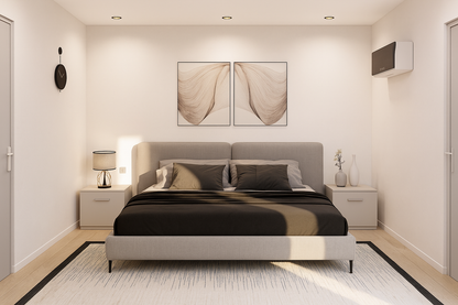 Modern bedroom with a bed, nightstands, and wall art.