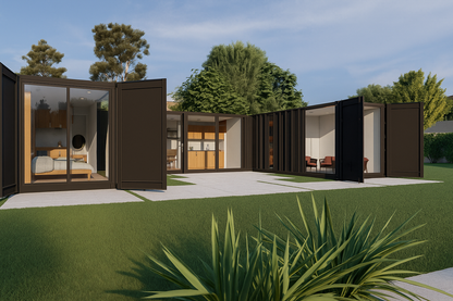 Modern modular home with open doors in a garden setting