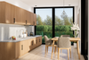 Modern kitchen with wooden cabinets, a dining table, and chairs.
