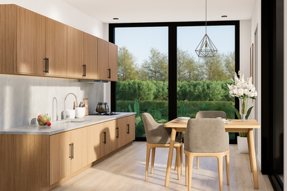 Modern kitchen with wooden cabinets, a dining table, and chairs.