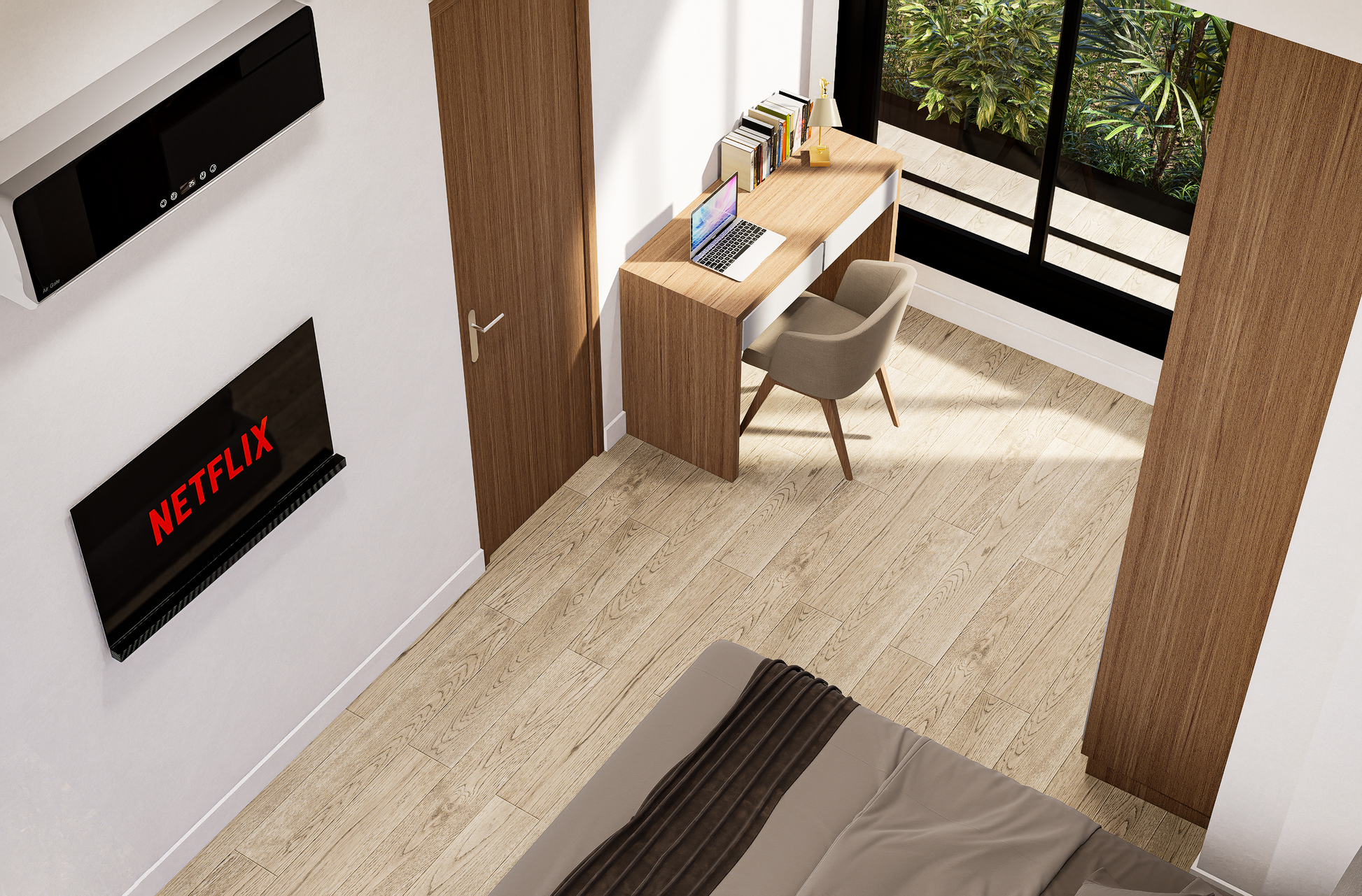 Modern bedroom with a desk, chair, and Netflix logo on the wall.