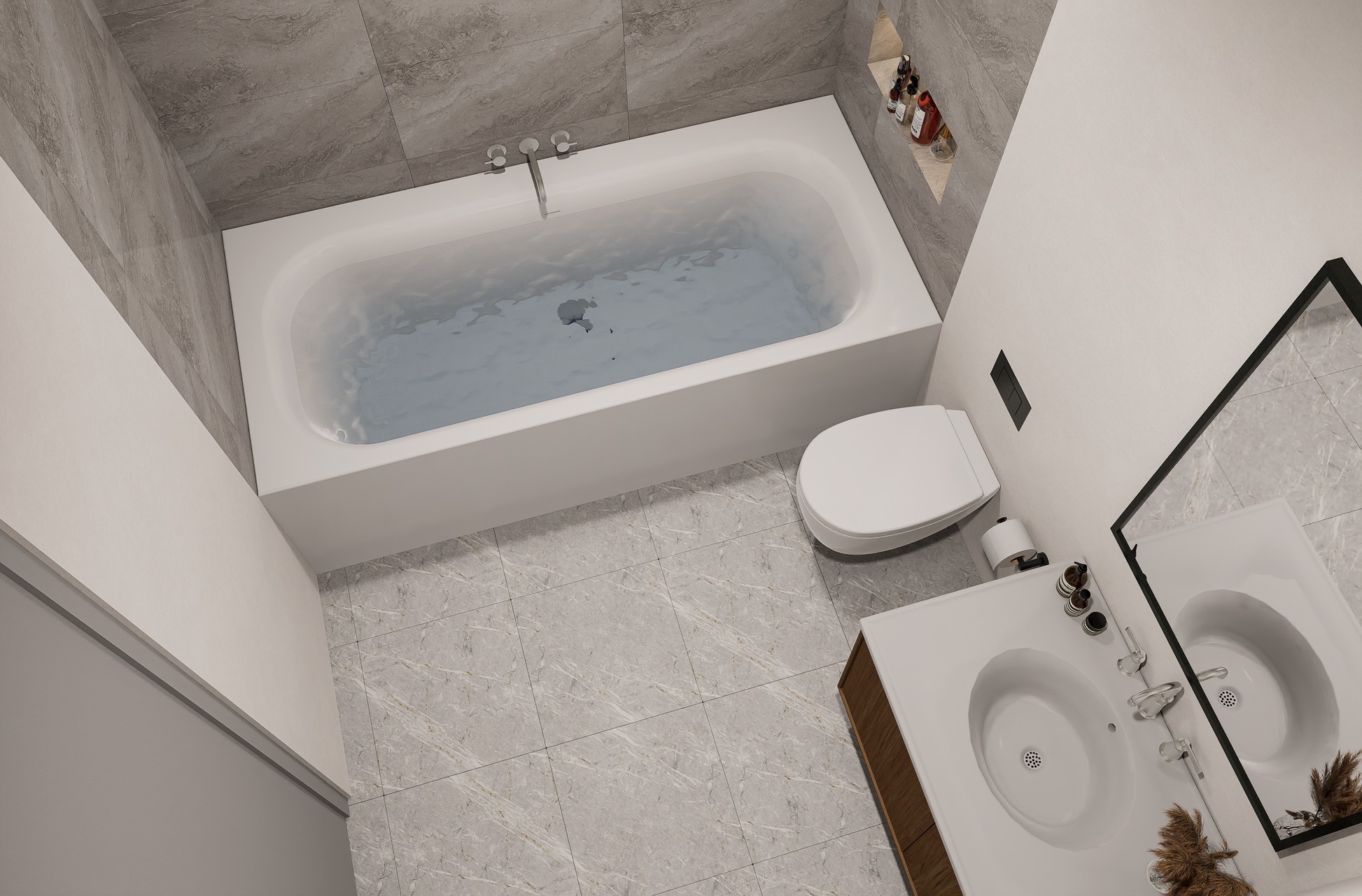 Modern bathroom with a bathtub, toilet, sink, and mirror.