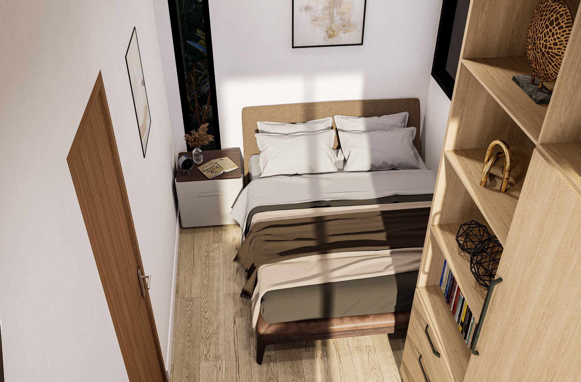 Small bedroom with a bed, nightstands, and bookshelf.
