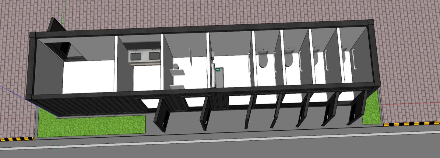3D model of a bus stop shelter on a road with a sidewalk.