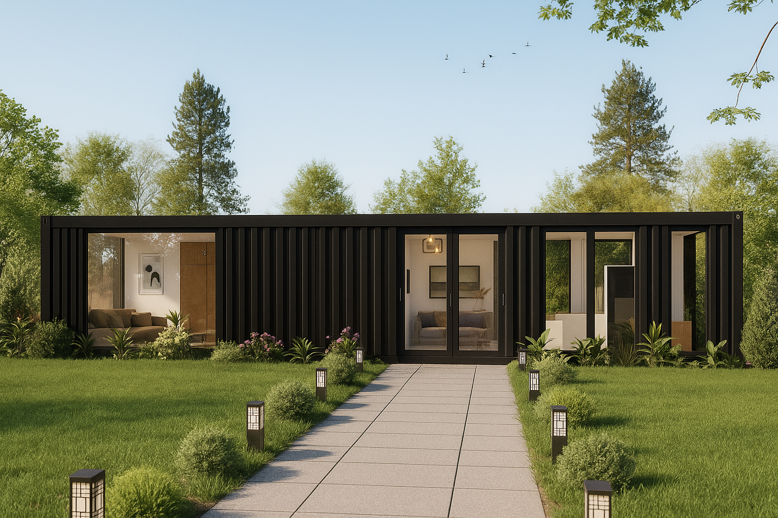 Modern house with black exterior and greenery