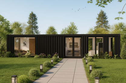 Modern house with black exterior and greenery