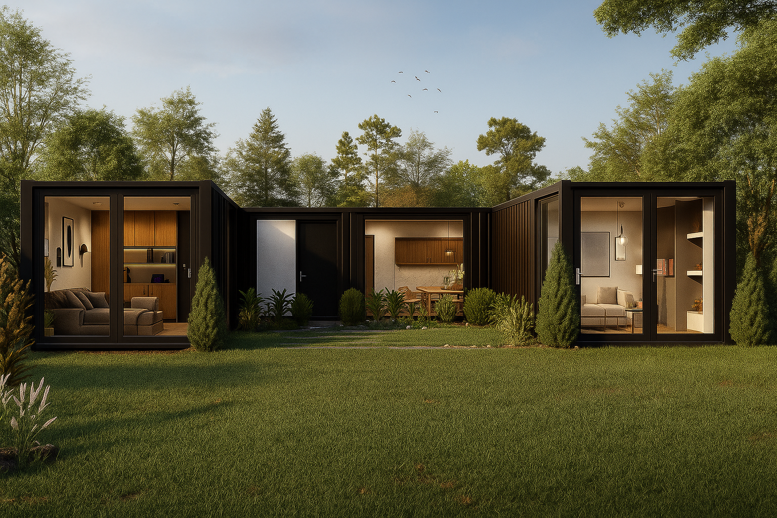 Modern modular home with glass doors and windows in a green, tree-lined setting