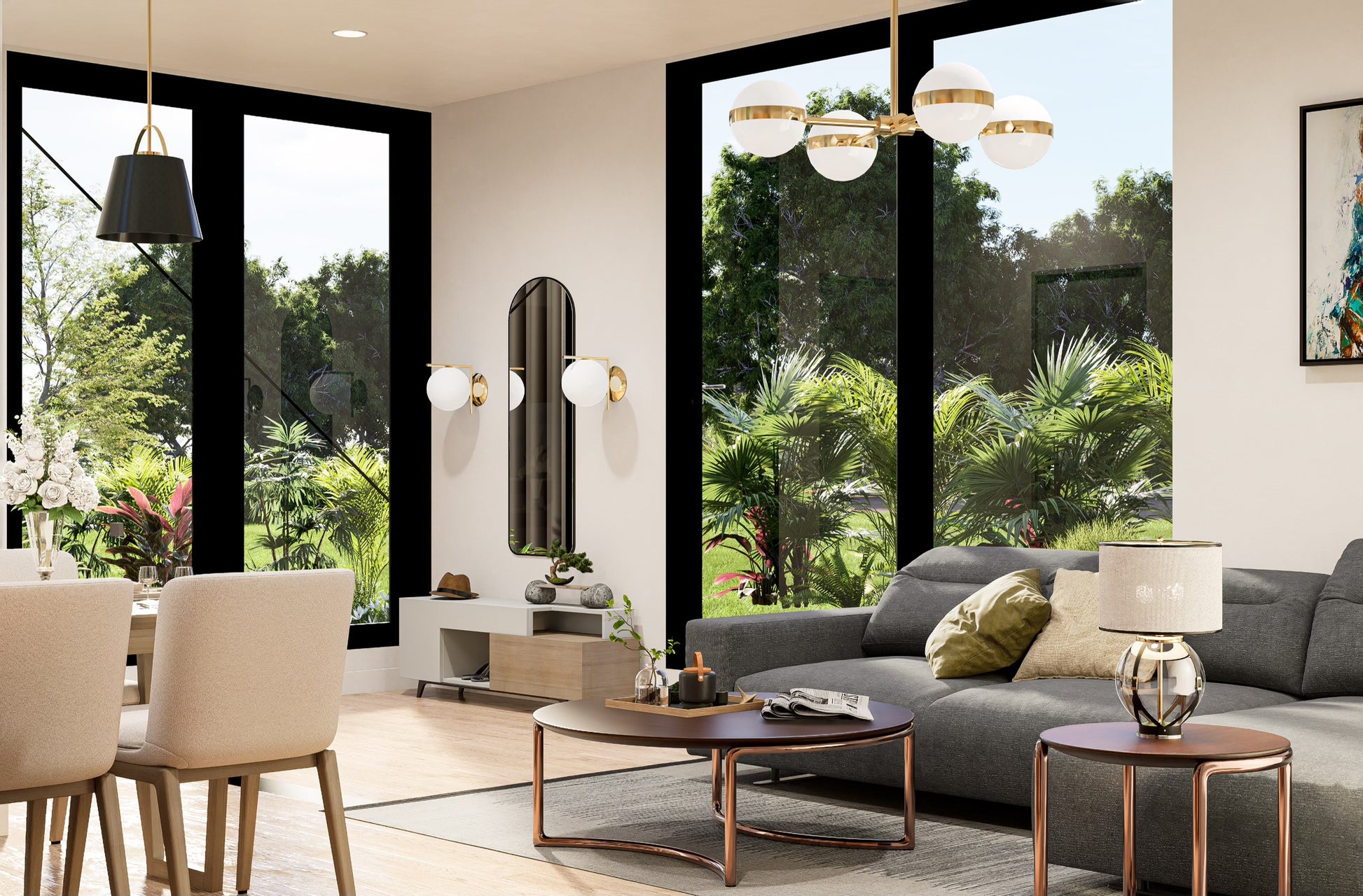 Modern living room with gray sofa, coffee table, and large windows.