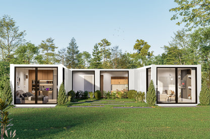 A multi-unit container modular building with glass doors and windows in a green outdoor setting