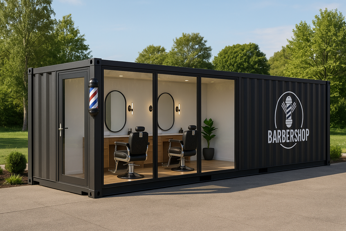 Portable barbershop constructed from a shipping container with barber chair, mirrors, and decor.