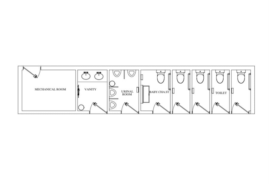 Floor plan of a public restroom layout with labeled sections.
