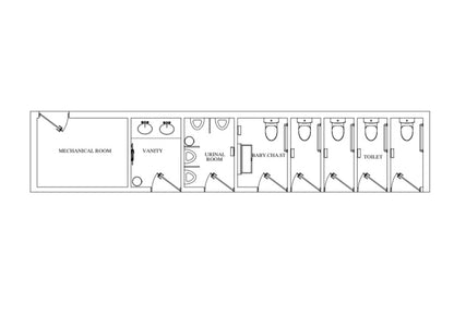 Floor plan of a public restroom layout with labeled sections.